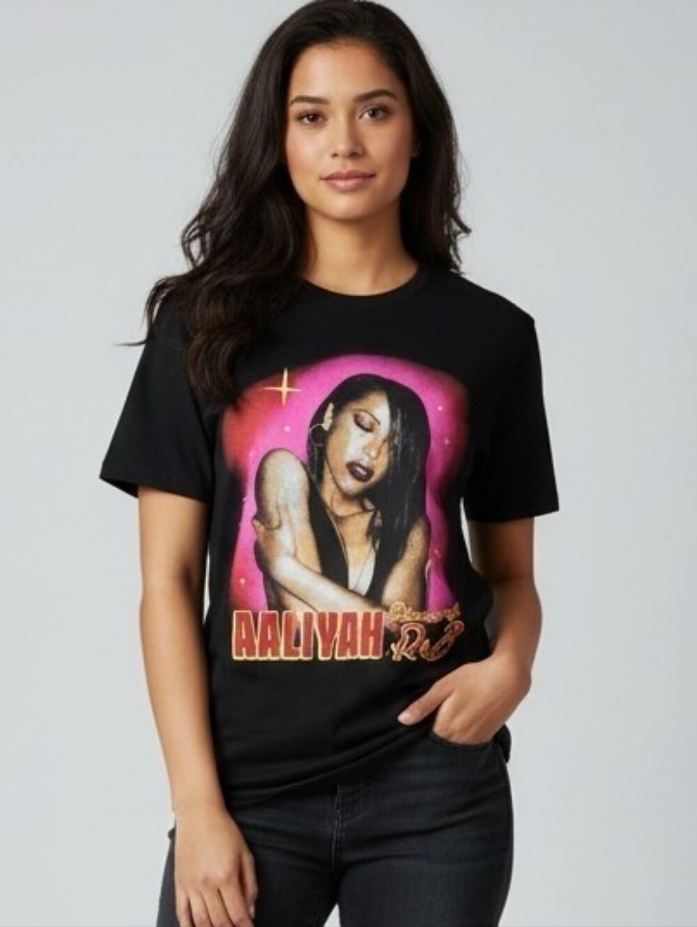 Black Aaliyah Graphic Short Sleeve Tee with Pink & Gold Artwork